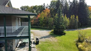 A cabin with a porch, a gravel driveway, and a surrounding forest. - Cajun Cabin Private Nature Resort (Minden Hills)
