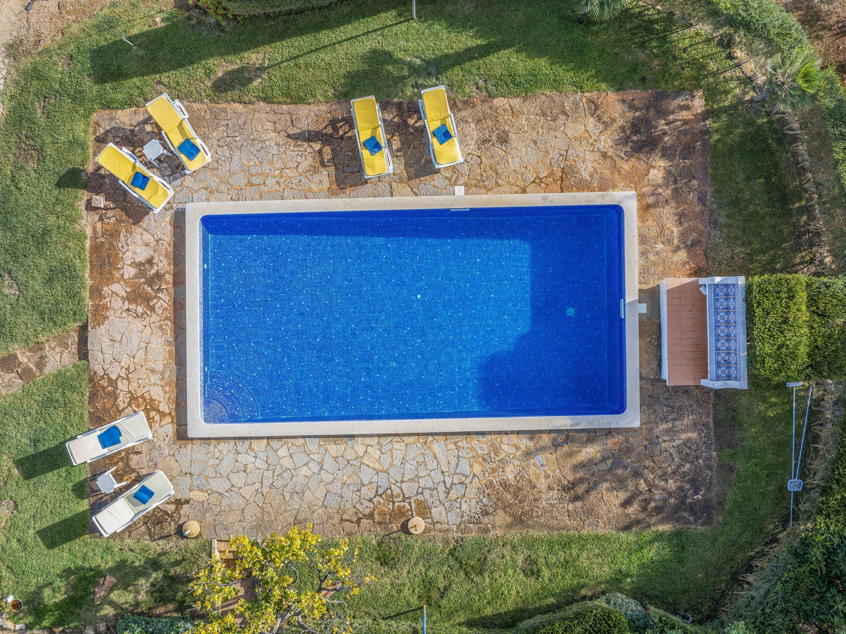 An aerial view of a rectangular swimming pool with a stone border, surrounded by a grassy area and a few lounge chairs.
