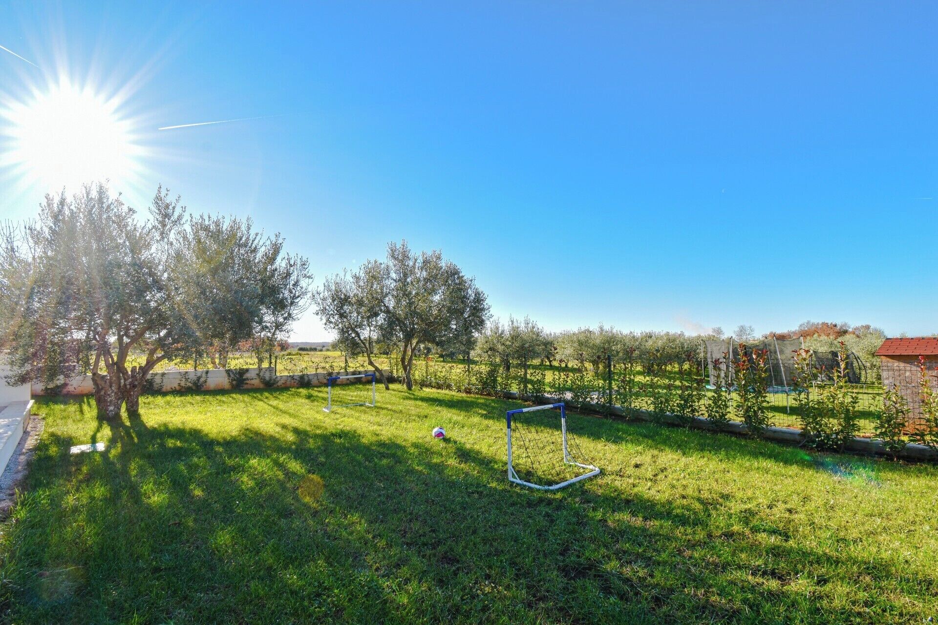 A grassy outdoor area with a soccer goal, trees, and a clear sky.