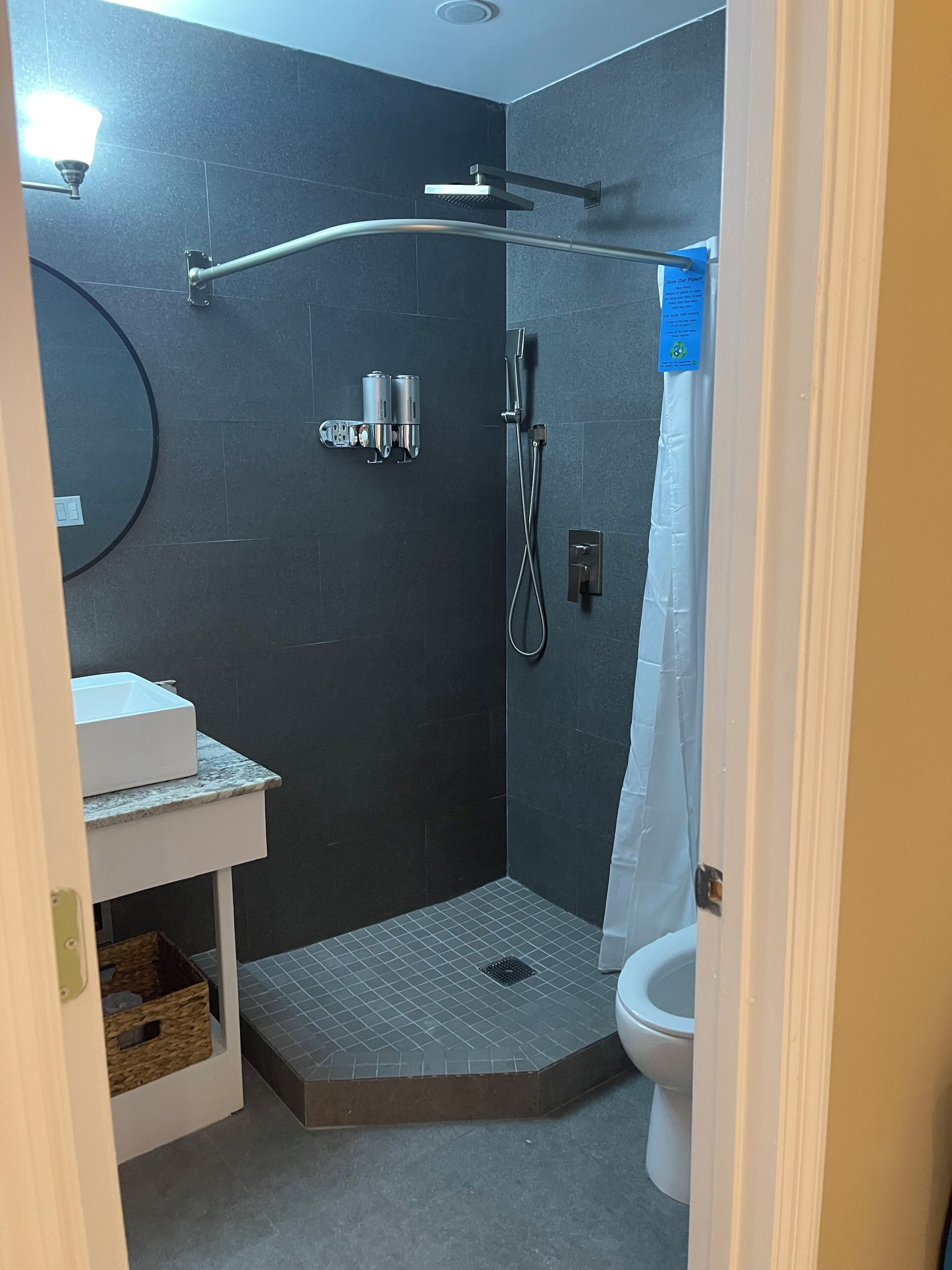 Shower, hair dryer, towels, soap