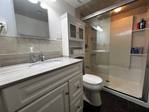 Bidet, serviettes fournies, savon, papier toilette