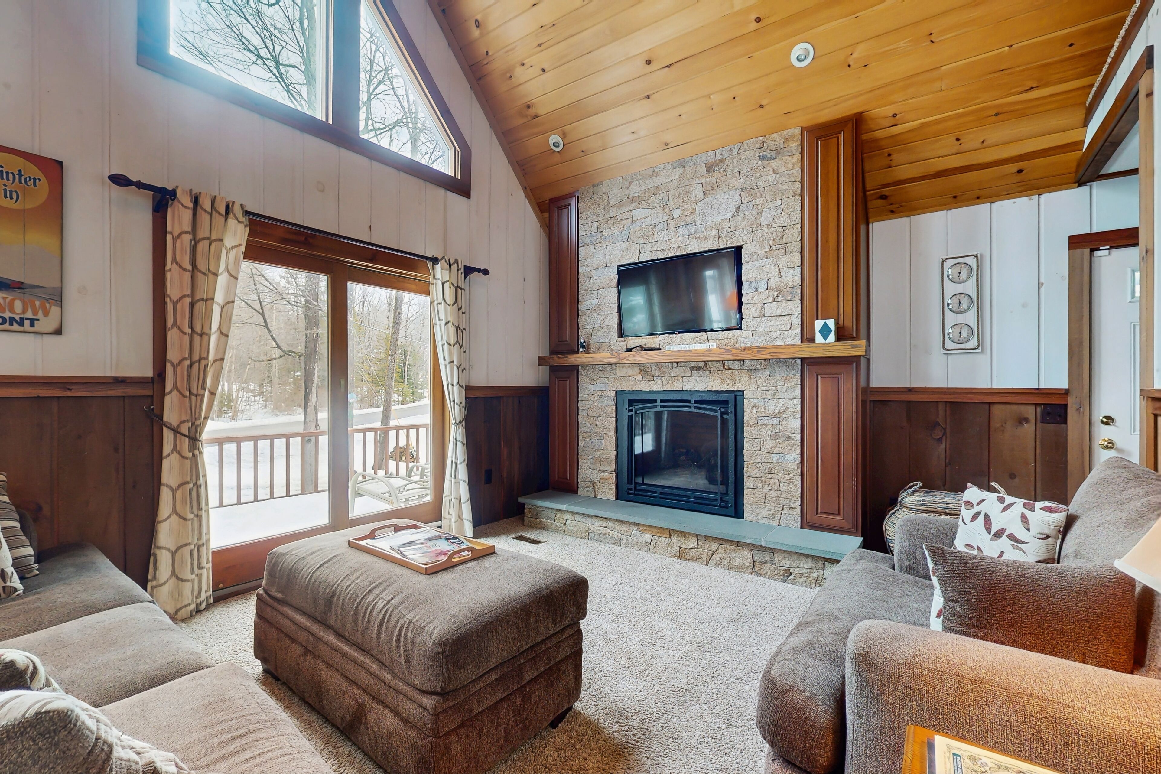 Télévision, cheminée, lecteur de DVD, livres