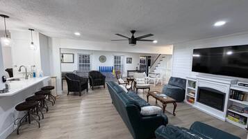 TV, fireplace, DVD player, foosball