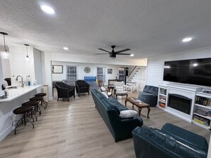 TV, fireplace, DVD player, foosball