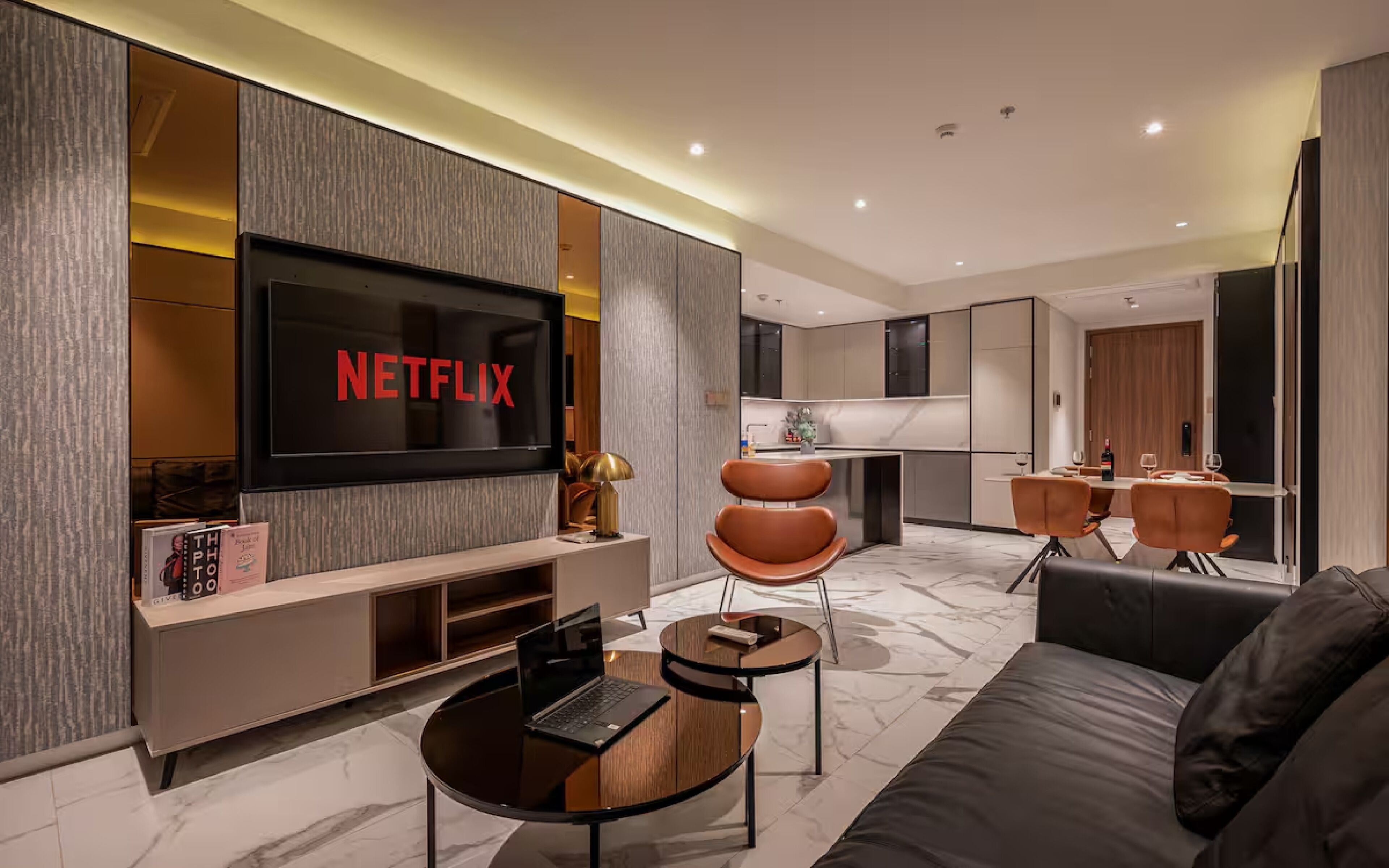 Panoramic Apartment, Balcony, City View | Living area | 55-inch Smart TV with digital channels