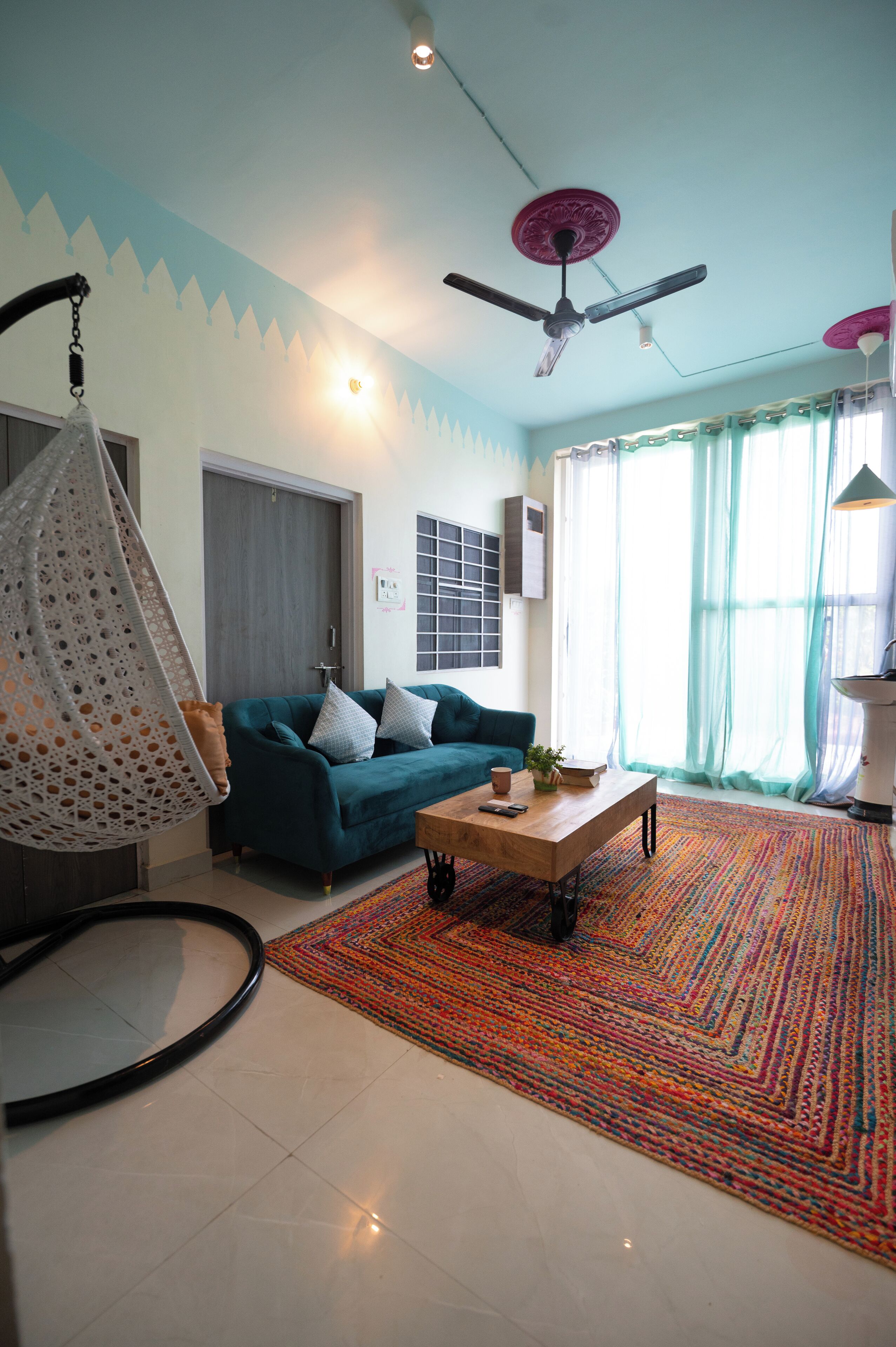 Smart TV, fireplace, books