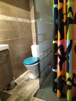 Hair dryer, towels, soap, toilet paper