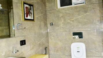 Hair dryer, slippers, towels, soap