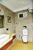 Hair dryer, slippers, towels, soap