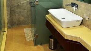 A modern bathroom with a glass shower enclosure, a white sink, and a large mirror. - Divine Peak (Pachmarhi)