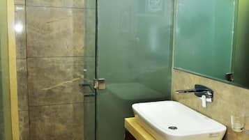 Deluxe Double Room, City View | Bathroom | Hair dryer, slippers, towels, soap