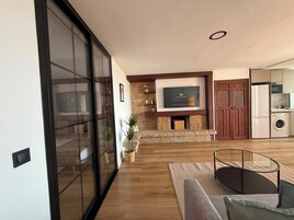 Een moderne woonkamer met een open haard, een flatscreen televisie en een keukenhoek met een wasmachine.