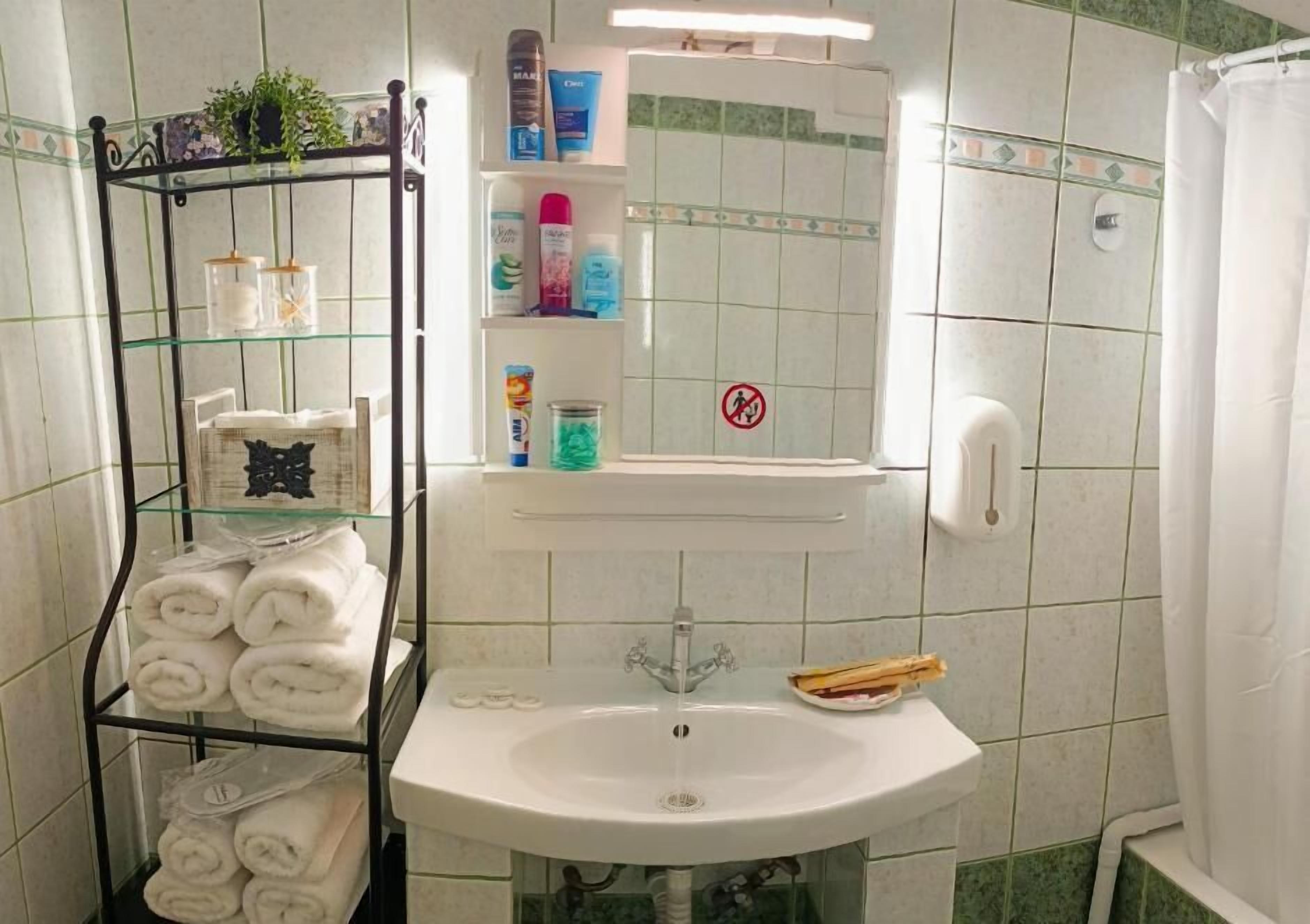 Hair dryer, towels, soap, shampoo