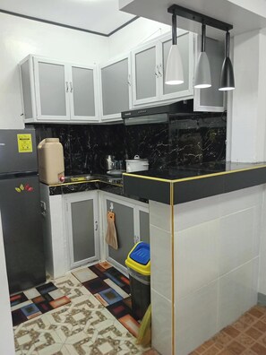 Fridge, stovetop, cookware/dishes/utensils