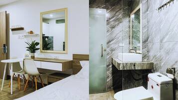 Dusch, bubbelbadkar, hårtork och bidé