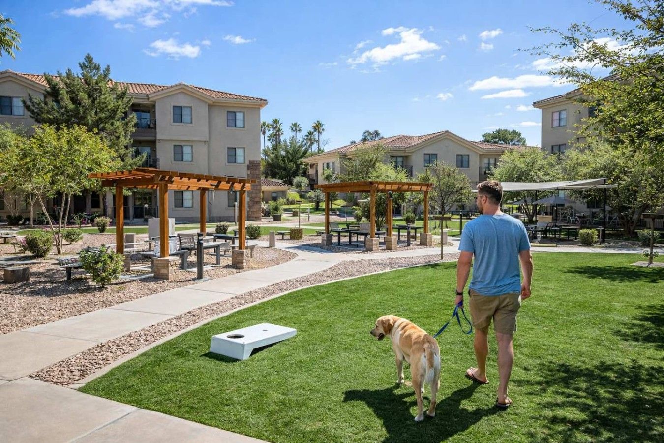 A man walking a dog in a well-maintained outdoor area with benches and pergolas.