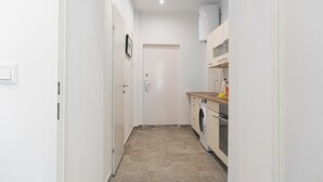 A narrow hallway with a washing machine and a sink on one side, and a door at the end. - Central Vienna Elegant 1BR Apartment (Vienna)