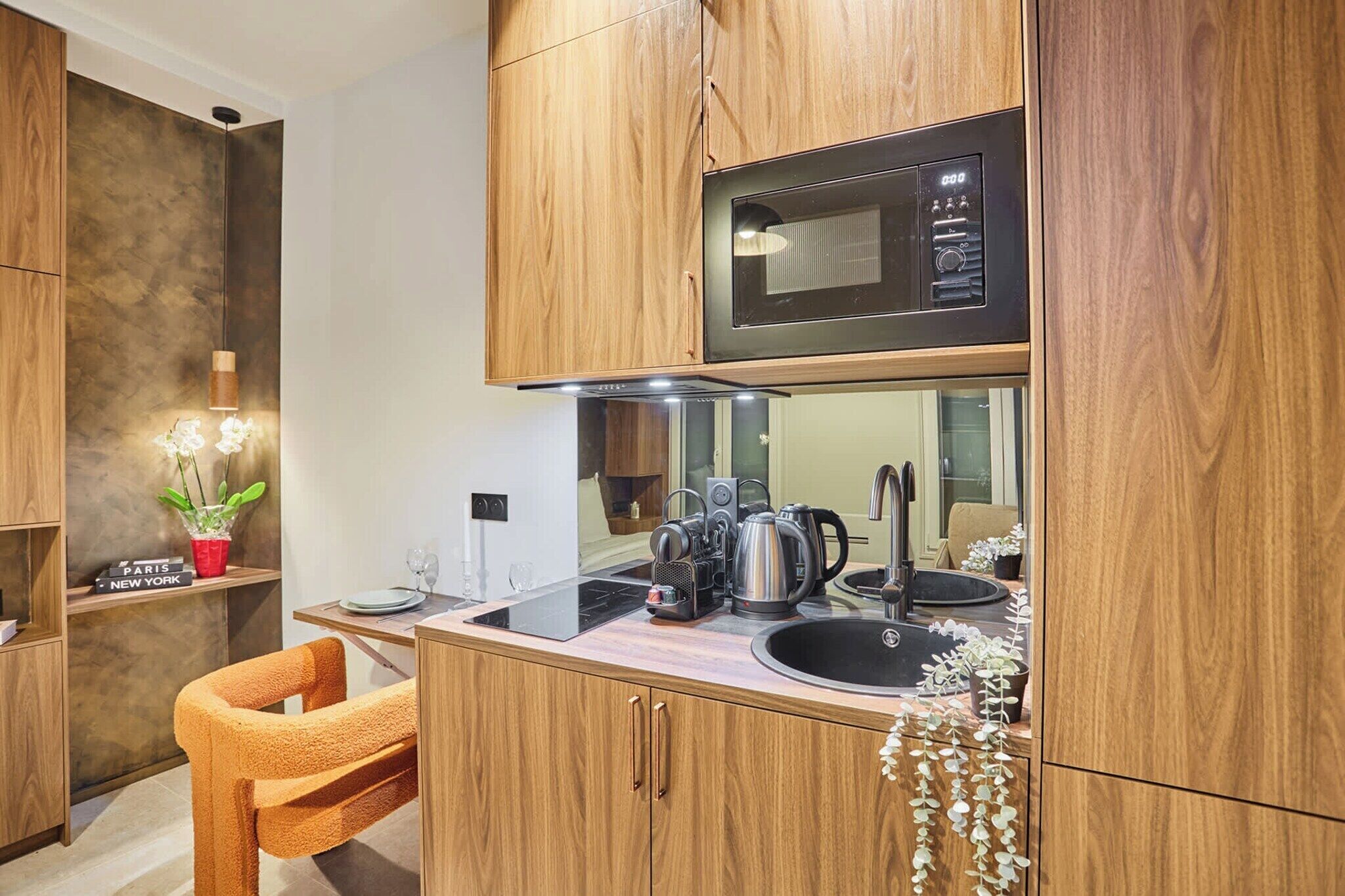 Fridge, microwave, stovetop, coffee/tea maker