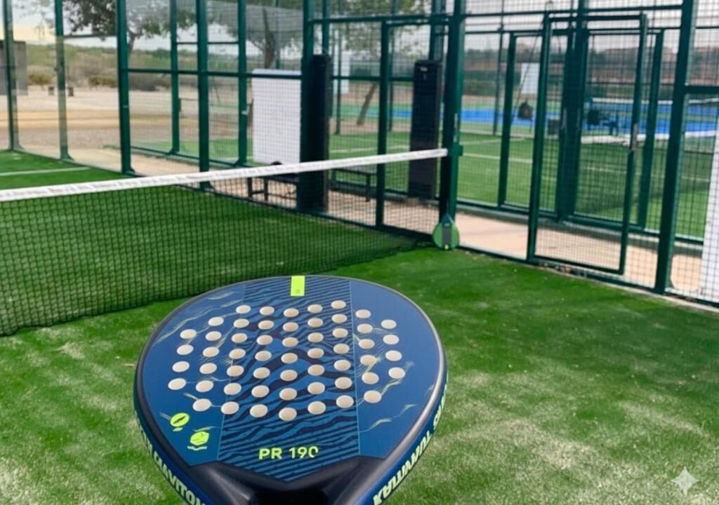 Cancha de tenis con una red, rodeada por una valla verde.