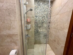 Hair dryer, towels, soap, toilet paper