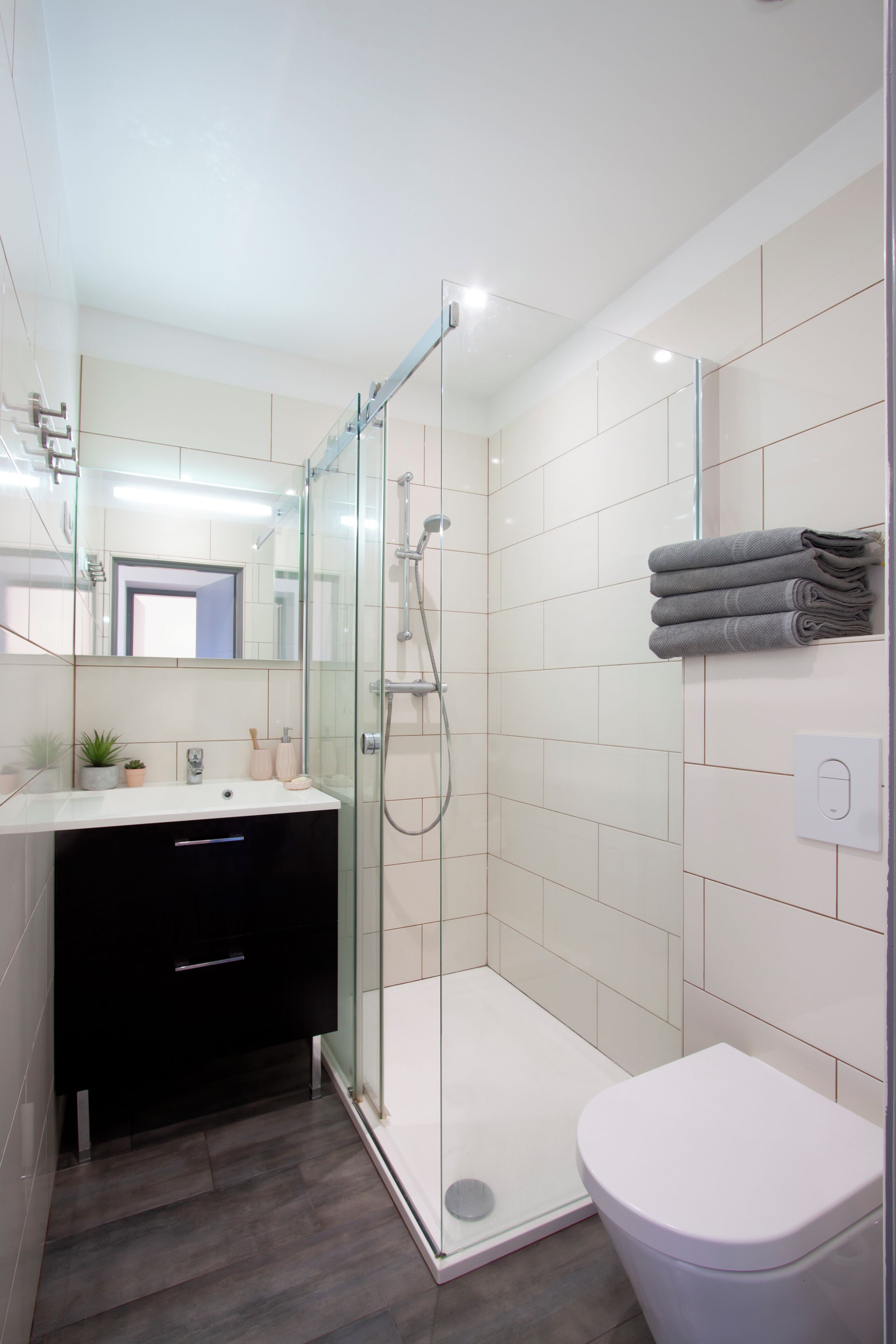 Shower, towels, soap, toilet paper