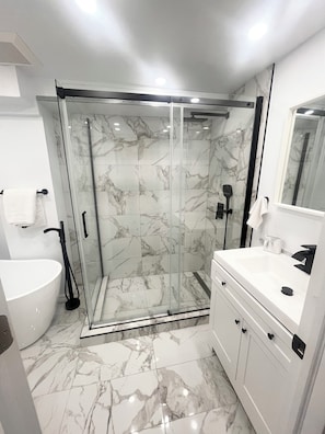 Hair dryer, towels, soap, toilet paper