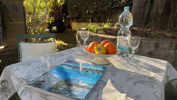 Ein Tisch mit einem Buch, einer Obstschale und zwei Gläsern Wasser.
