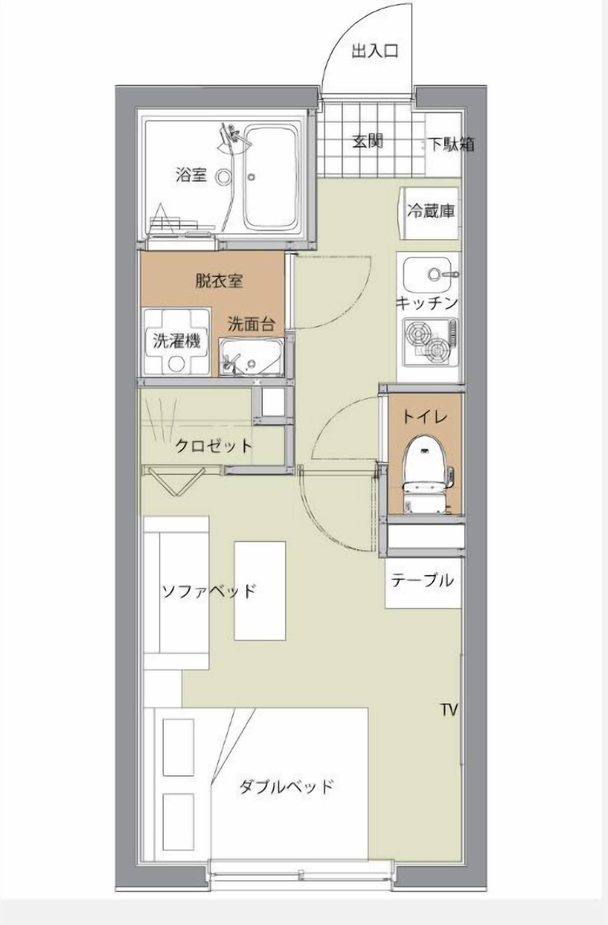 Indeling van een hotelkamer met een badkamer, kitchenette, televisie en een zithoekje.