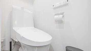 Eine weiße Toilette mit Spülhebel, Papierhandtuchspender und Mülleimer.