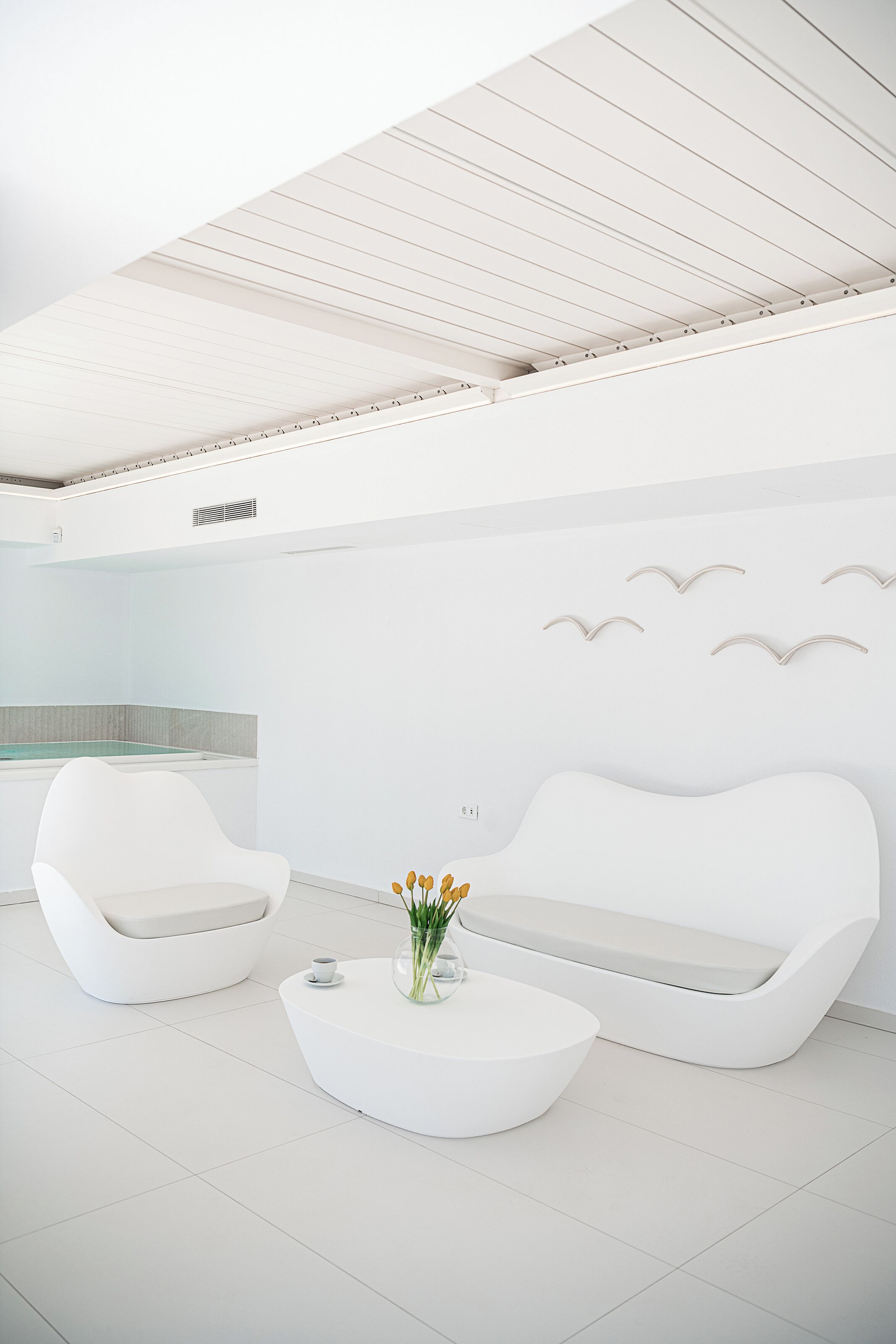A modern, minimalist room with a white sofa, a round coffee table, and a small plant.