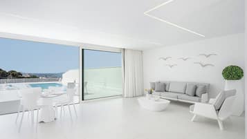 Luxury Villa, Private Pool, Sea View | Living area | 55-inch Smart TV with satellite channels, streaming services