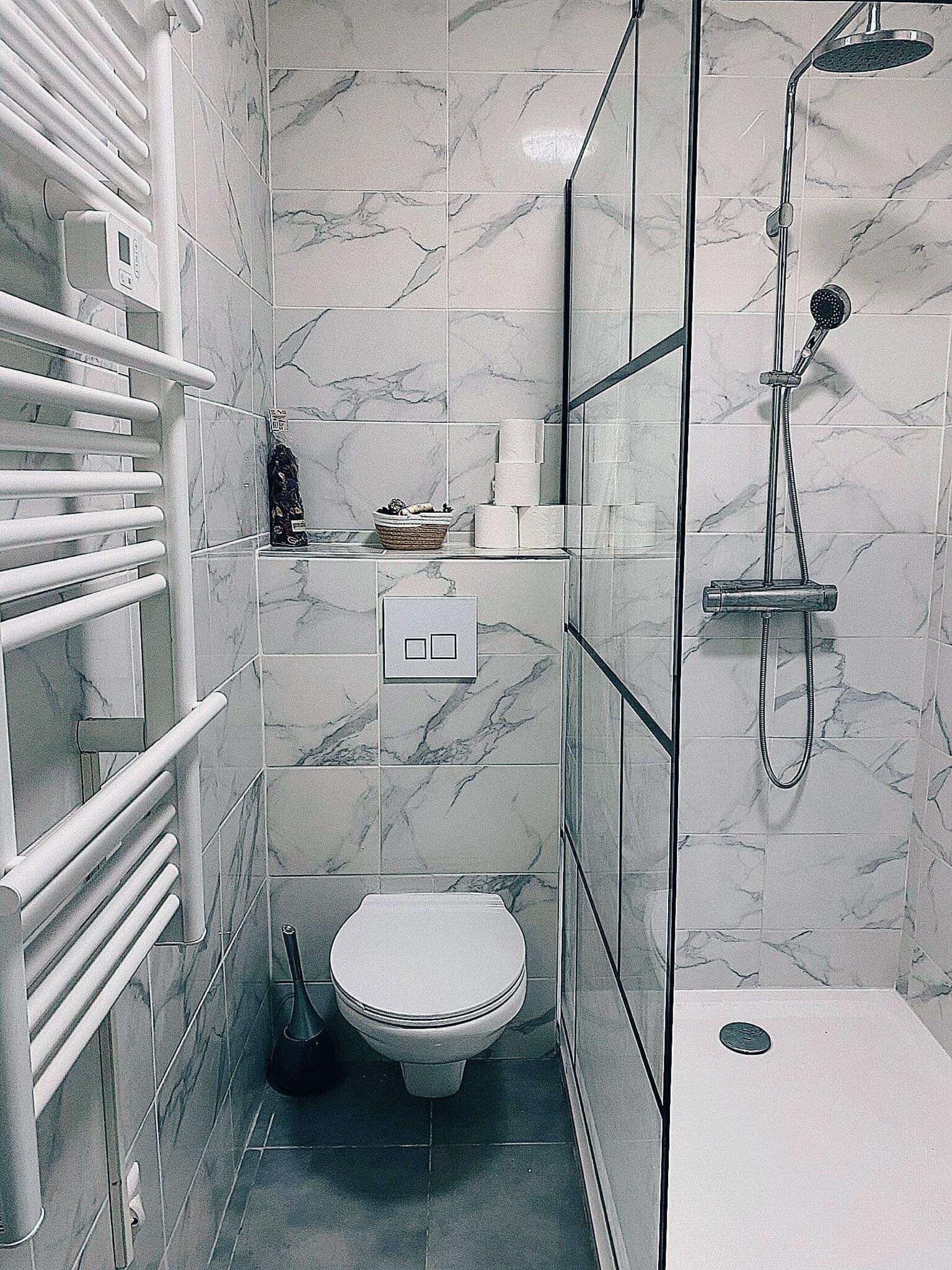 Shower, hair dryer, towels, toilet paper