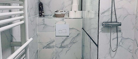 Shower, hair dryer, towels, toilet paper