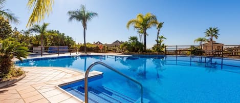 Piscina azul cristalina con solana empavedada, rodeada de palmeras y cielo despejado.