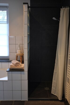 Hair dryer, towels, soap, shampoo
