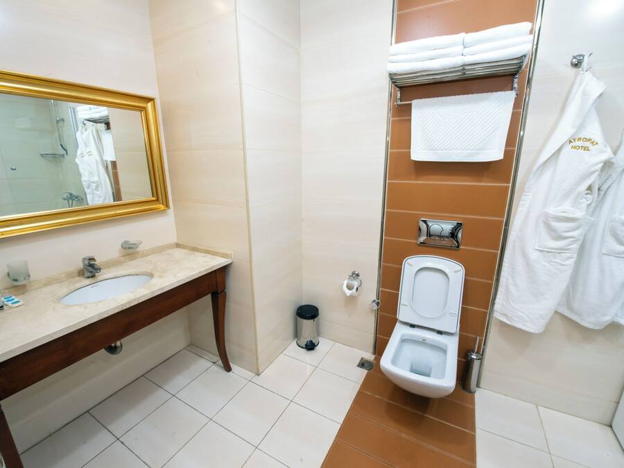 Un baño con lavabo, espejo, inodoro y perchero para toallas.