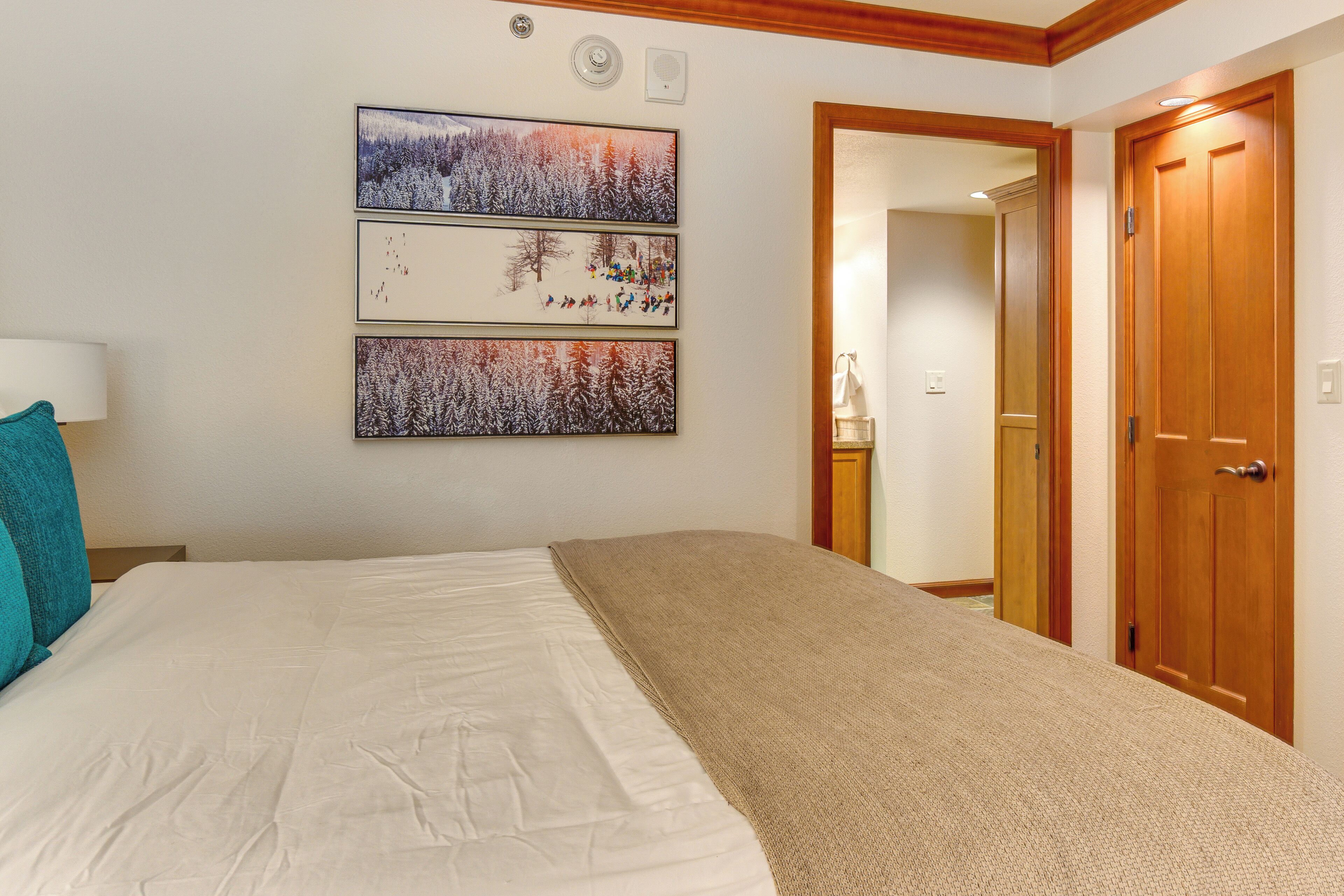 A hotel room with a bed, a wall-mounted picture, and a wooden door.