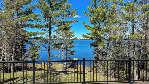 A wooden deck with a metal railing overlooking a lake surrounded by pine trees. - Luxury Rainy Lake House With Private Dock! (International Falls)