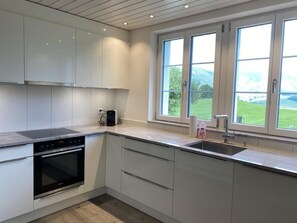 Køleskab, ovn, opvaskemaskine, køkkentøj/tallerkener/redskaber