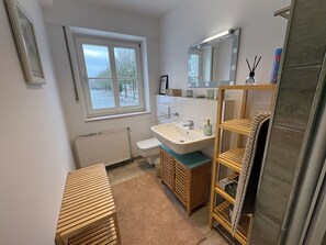 Hair dryer, towels, soap, toilet paper
