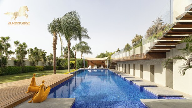 Ein Pool mit Holzterrasse und Liegestühlen, umgeben von Palmen und einem modernen Gebäude mit Glasfassade.