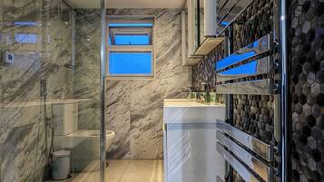 Hair dryer, bidet, towels, soap