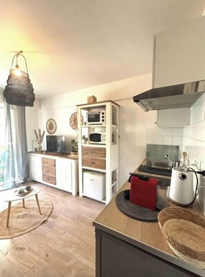 Fridge, microwave, oven, coffee/tea maker - Charming studio for two with balcony in Antibes. (Antibes)
