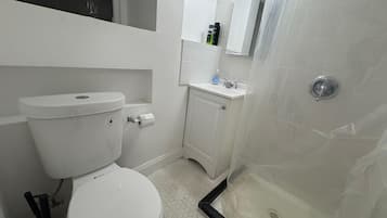 Hair dryer, towels, soap, toilet paper