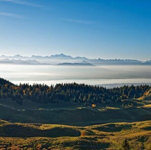 A mountainous landscape with a forested valley and distant mountain peaks. - Ô Slopeside chalet in the heart of the Alps (Prémanon)