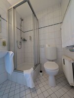 Un baño con ducha de vidrio, inodoro y radiador.