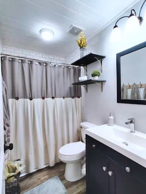Hair dryer, towels, soap, toilet paper