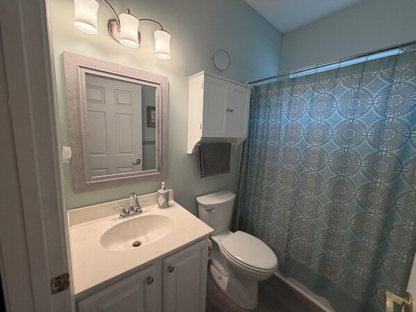 A bathroom with a sink, mirror, toilet, and shower curtain. - Beautiful True Blue 3 Bedroom 2 Bathroom Garden Home (Pawleys Island)