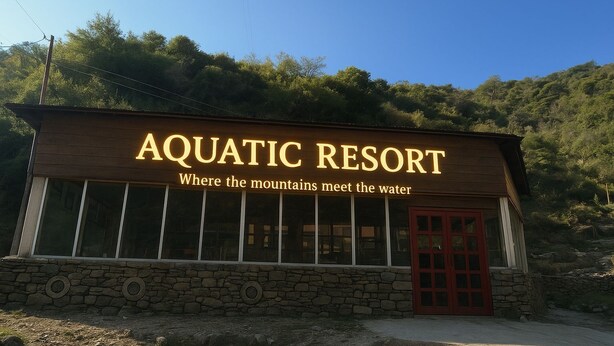 A building labeled "Aquatic Resort" with a sign stating "Where the mountains meet the water." - Aquatic resort (Chakrata)