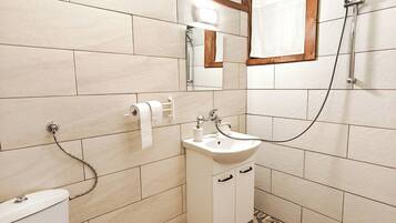 Un baño con inodoro, lavamanos y ducha.